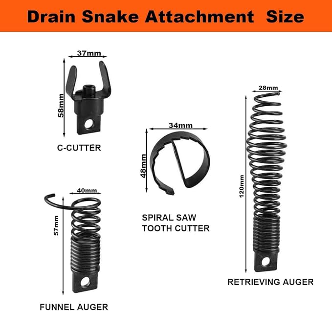 4-Piece Drain Snake Attachment for 5/16" to 3/4" Cables Heavy-Duty Manganese Steel Cutters for Roots Grease and Stubborn Clogs Includes 4 heads Storage Case and Metal Ring