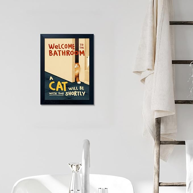 Framed Funny Bathroom Wall Art Welcome to the Bathroom Painting Artworks for Wall A cat Will be With You Shortly Cat Lover Canvas Print Poster Modern Home Decor