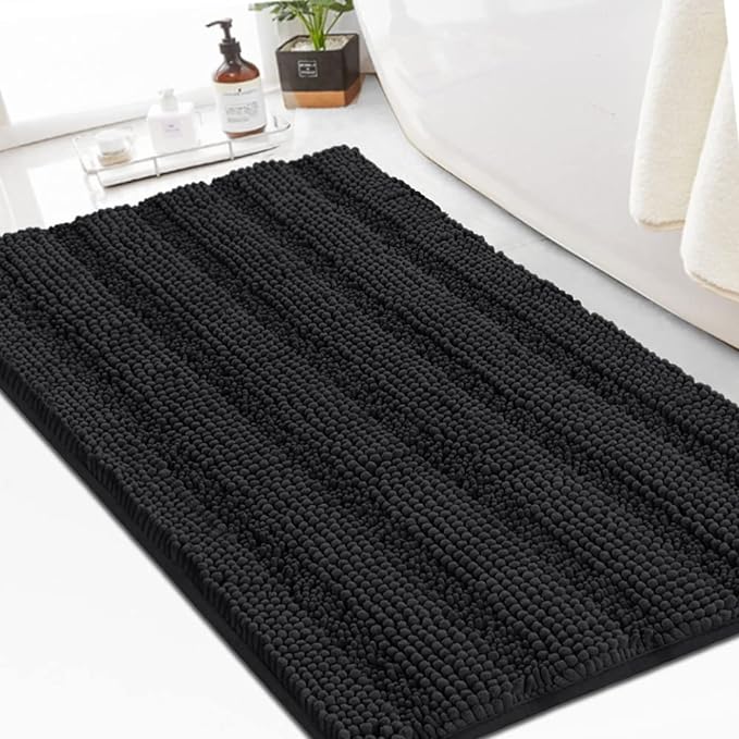 Turquoize Chenille Bath Rugs Shaggy Bathroom Rugs Non Slip Bath Rugs for Bathroom 24 x 36 Black Bath Rug Extra Soft and Absorbent Area Rug, 24"x 36", Black