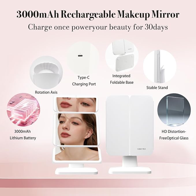 SIMETRA 15.6'' Rechargeable Makeup Mirror with Lights, 156 LED Magnification Vanity Mirror with 3 Colors Lights, 3000mAh Lighted Mirror, Touch Control Trifold Mirror for Women Travel Desk