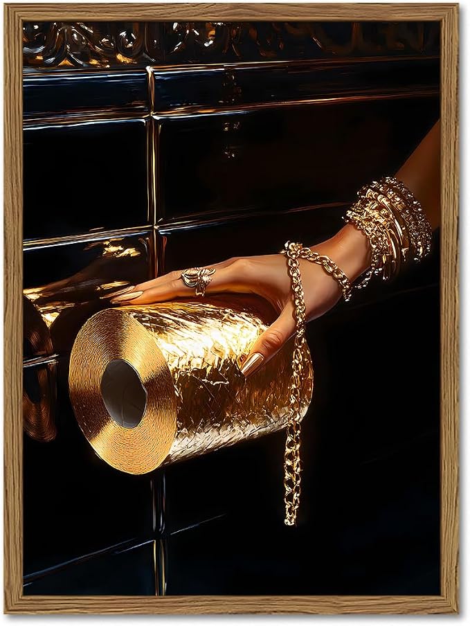 Black Woman Bathroom Wall Art Trendy Black Girl Gold Toilet Paper Wall Decor Picture Vintage Black and Gold Bathroom Poster Canvas Painting Prints 24x16 inch Wood Framed