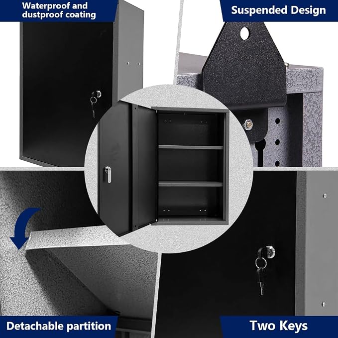 JZD Metal Wall Mounted Storage Lockable Garage Cabinet with 2 Removable Shelves, Black & Grey