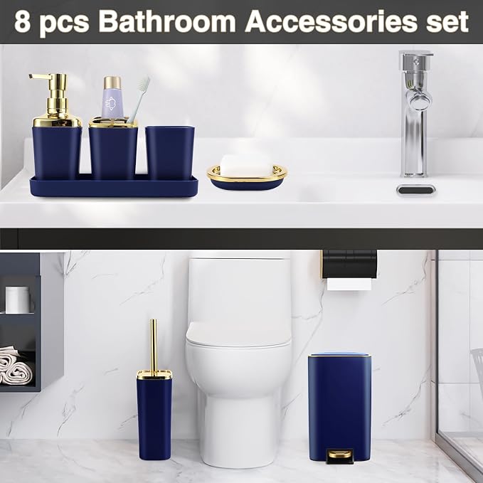 XLHOMO Navy Blue Bathroom Accessories Set 8 Piece Navy Blue and Gold Bathroom Set, Bathroom Sets with Stainless Steel Trash Can,Toilet Brush,Toothbrush Set,Soap Dispenser