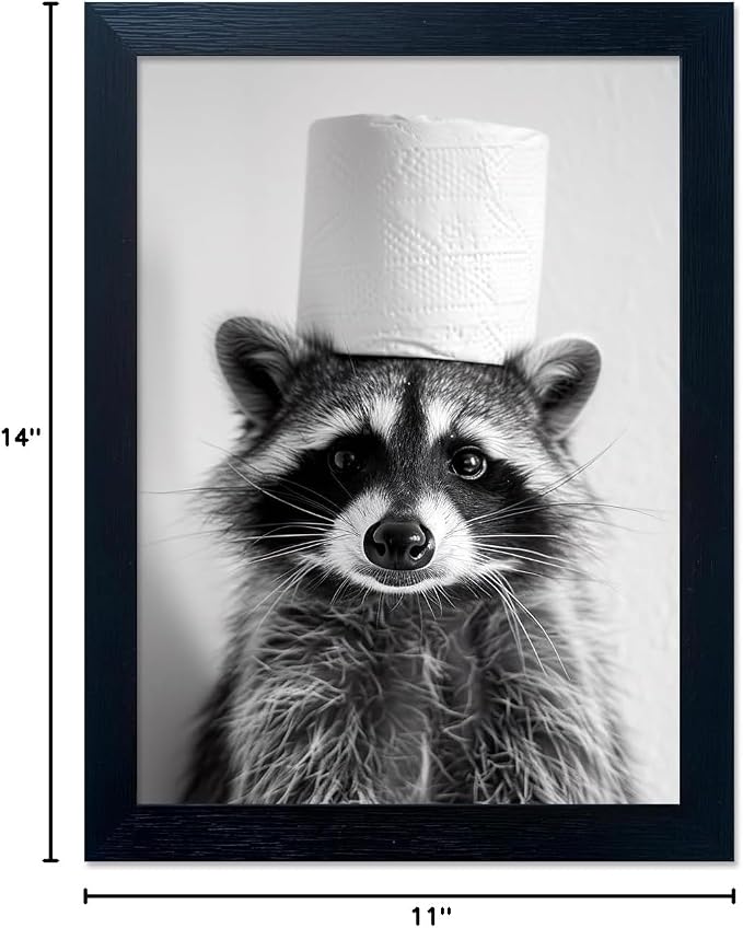 Black And White Bathroom Wall Art Funny Raccoon Wall Decor Animal Raccoon With a Toilet Paper Roll On The Head Cute Framed Picture Toilet Humor Decor Painting
