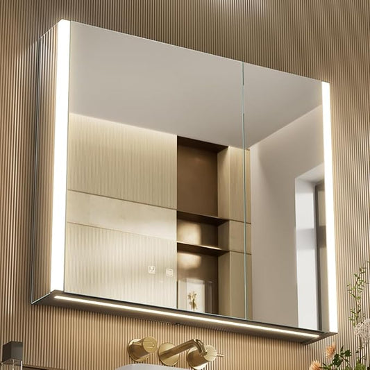 31x28 Inch Two Doors Aluminum LED Bathroom Medicine Cabinet with Mirror | Light Adjustment, Anti-Fog, Sockets&USBs, High Capacity, Easy to Install