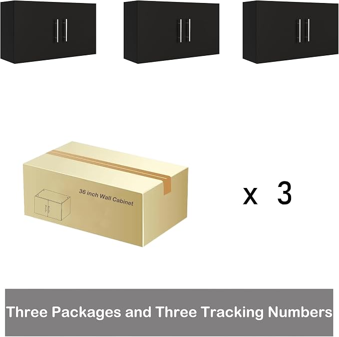 Wall Cabinet Set of 3, 36" W x 12" D x 20" H Wooden Wall Mounted Storage Cabinet, Double Door Cabinet with Soft Close, Metal Handle, Adjustable Shelf,for Kitchen, Garage, Laundry, Bathroom,Black