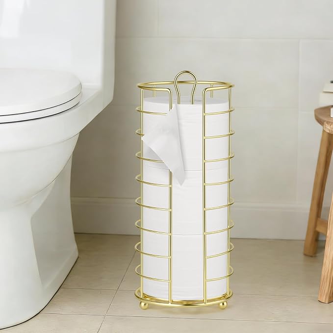 Toilet Paper Holder Stand,Freestanding,Gold | Bathroom Toilet Paper Organizer, 3 Mega Roll Toilet Paper Holder for Under Sink, Vanity, Cabinet Shelf