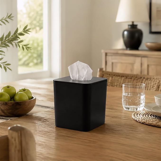 Tissue Box Cover Square, Black Facial Tissue Holder with Black Bamboo Lid | With Natural Bamboo Lid, Waterproof, Durable, Decorative, Fit Standard Cube Tissue Boxes, For Bathroom Bedroom Office Desk