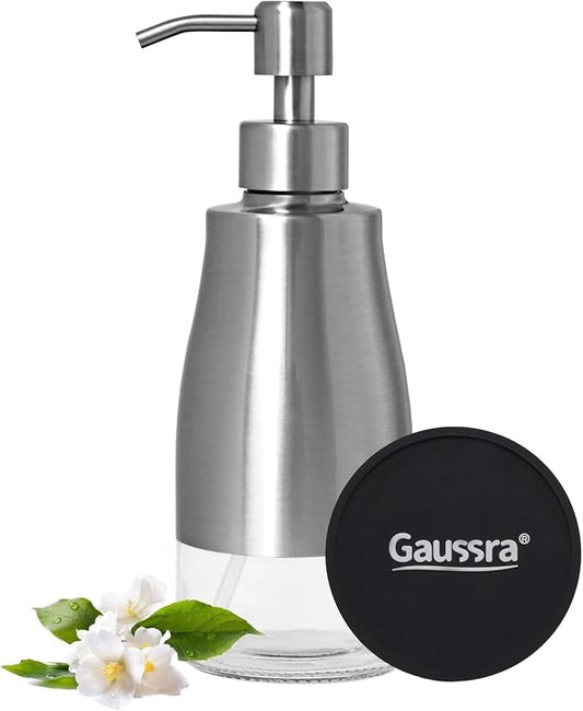 Gaussra Soap Dispenser with Coaster and Stickers - 11 OZ / 320 ML | Brushed Nickel Stainless Steel Case Glass Liner Hand Soap Dispenser, Lotion Soap Dispenser for Bathroom and Kitchen