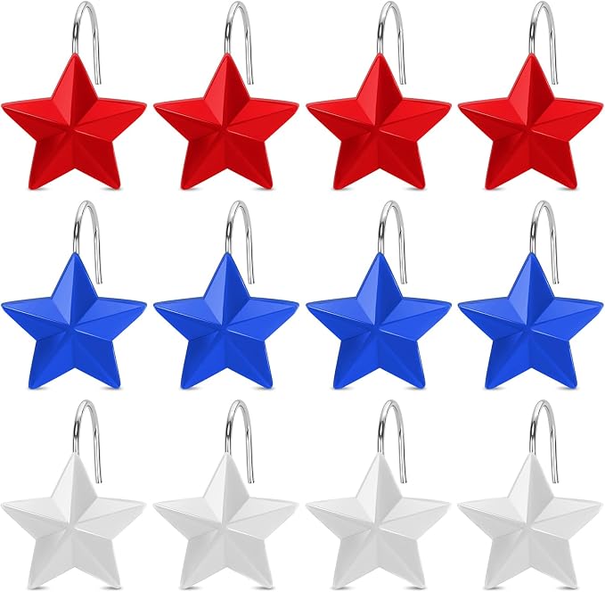 12 Pack Star Shower Curtain Hooks Patriotic Red White Blue Hangers | Resin and Rustproof Stainless Steel, Glide Smoothly Without Scratching Rods, Glitter Star Patriotic Festive Decor