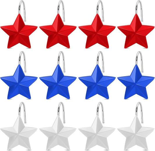 12 Pack Star Shower Curtain Hooks Patriotic Red White Blue Hangers | Resin and Rustproof Stainless Steel, Glide Smoothly Without Scratching Rods, Glitter Star Patriotic Festive Decor