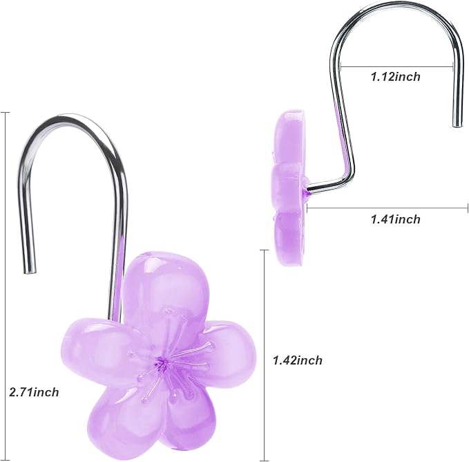Cute Flower Shower Curtain Hooks, Glow in The Dark, Pretty Floral Themed Elegant Bathroom Decor, Purple