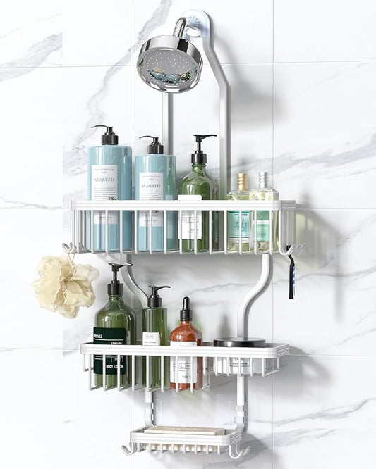 Never Rust Shower Caddy Hanging, Aluminum Shower Racks for Inside Shower, 3-Tier Shower Organizer Hanging Over Shower Head with Hooks and Soap Holder, White