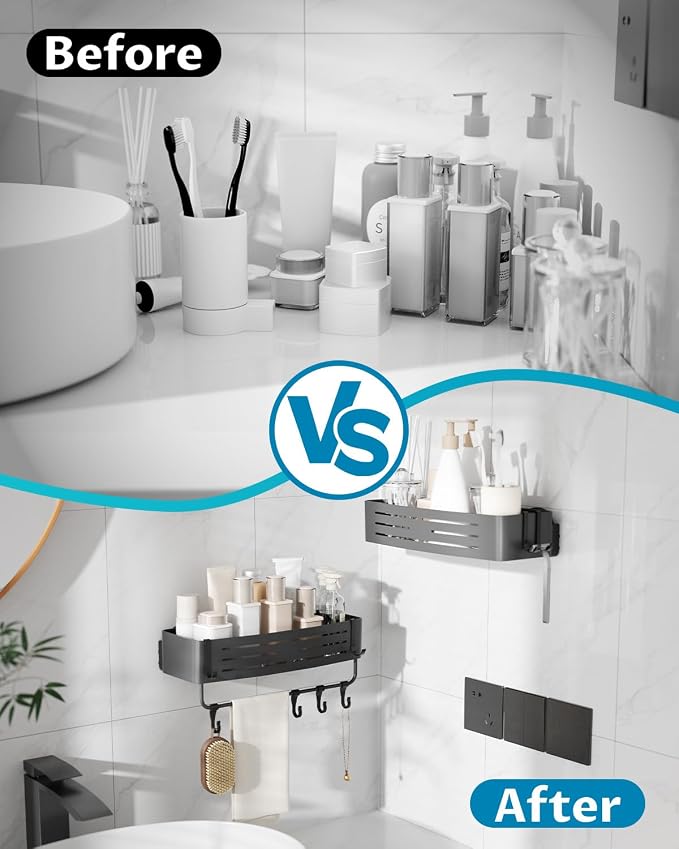 Onemake Shower Caddy Suction Cup, 2 Pack Shower Shelf with Hooks for Bath | No-drilling Rustproof Aluminum Removable Caddy with Towel Bar, Waterproof Shower Organizer, Corner Shampoo Holder, Gray