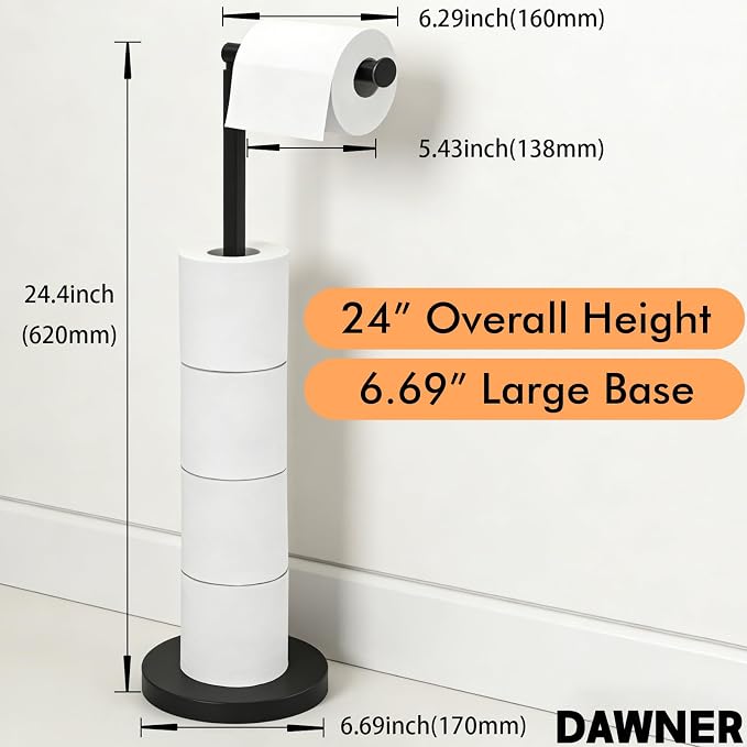 DAWNER 24" Black Toilet Paper Holder Free Standing, Stainless Steel Rustproof Toilet Paper Stand with Storage, Stable Heavy Weighted Flat Base for Apartment, Bathroom, Kitchen, Matte Black Finish