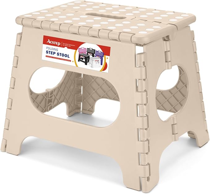 11 Inch Folding Step Stool for Kids, Non-Slip Foldable Stools, Khaki | Heavy Duty Collapsible Foot Stool, Lightweight with Built-in Handle, Holds 300 lb for Adults Kitchen Bathroom Bedroom Outdoor