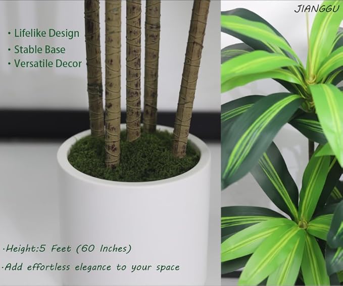 5FT Artificial Dracaena Tree - Fake Plants for Home Decor Indoor,Faux Outdoor Plants with Lifelike Leaves & Resin Trunk,Tall Artificial Plants Indoor for Living Room, Office Decor