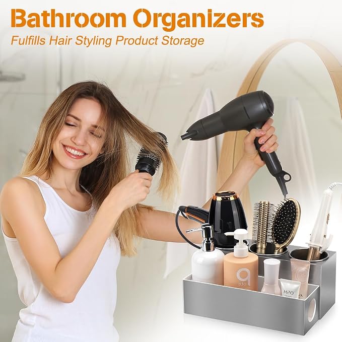 GFWARE Hot Hair Styling Tool Organizer with 3 Stainless Steel Cups, Silver | Bathroom Vanity Organizer Storage, Hair Accessories Tools Organizer Hair Dryer, Blow Dryer, Curling Iron, Flat Iron