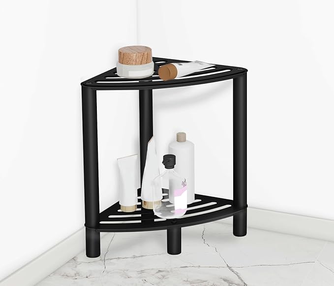 VOTZAAQ Stainless Steel Shower Stool, Double Layer Corner Shower Bench for Inside Shower, Shower Foot Rest for Shaving Legs, Matte Black Shower Seat for Small Bathroom