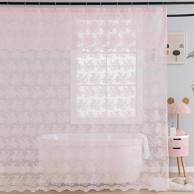TUDECO Pink Lace Shower Curtain 84 Inch Longh with Attached Valance | 72W x 84L Inch, Long Bathroom Curtain, Coquette Feminine Charm, Soft Color, Brightens Space, Scalloped Edges Reinforced Holes