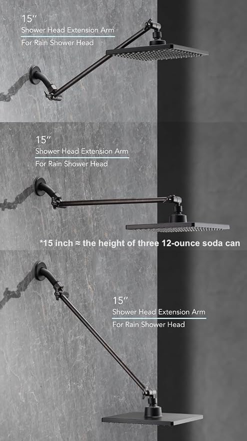 15 Inch Extra Long Adjustable Shower Head Extension Arm With Locking Set Screw, Singing Rain 304 Stainless Steel Angle Height Adjustable, G1/2 Universal Connector Compatible (Oil Rubber Bronze)