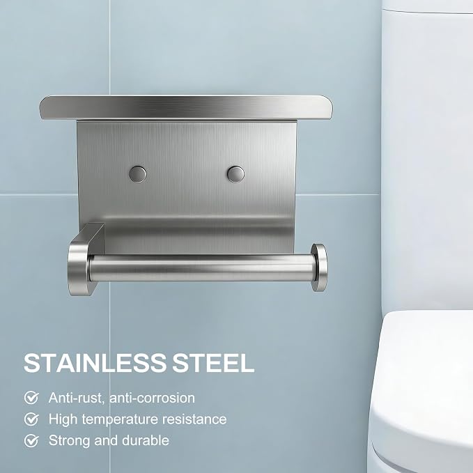 SetSail Toilet Paper Holder with Shelf Adhesive or Screw-in Brushed Nickel | 2 Packs,Adhesive or Screw-in,Waterproof and Rustproof Stainless Steel,Wall Mount Design,for Bathroom Hardware Accessories