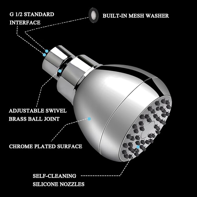 Aisoso High Pressure Shower Head 3 Inches Anti-clog Anti-leak Fixed Showerhead Chrome with Adjustable Swivel Brass Ball Joint for Relaxing and Comfortable Shower Experience