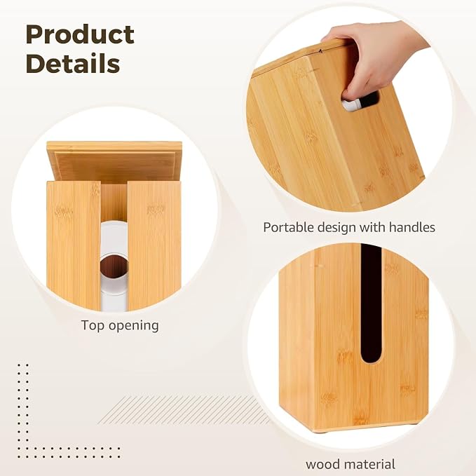 Bamboo Toilet Paper Storage,Wood Toilet Paper Holder Stand,Freestanding Vertical Tissue Storage Organizer, Holds 4 Rolls, 16.1 x 5.9 x 5.9 in / 41 x 15 x 15 cm, for Bathroom Organizer