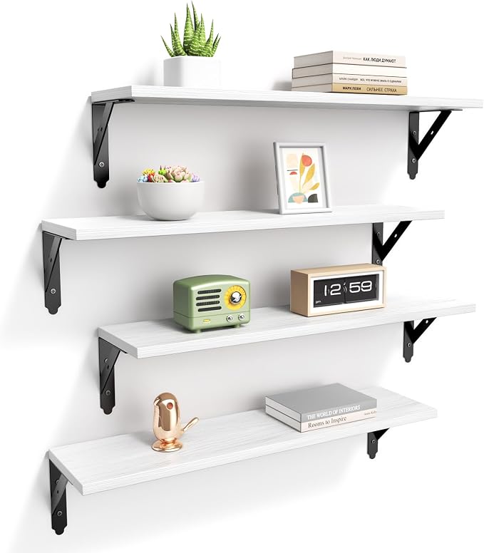 ROMGUAR CRAFT Wood Floating Shelves Set of 4, Rustic Storage Decor Wall Shelves, Wall Mounted Shelf for Living Room, Bedroom 23.6" x 6", White