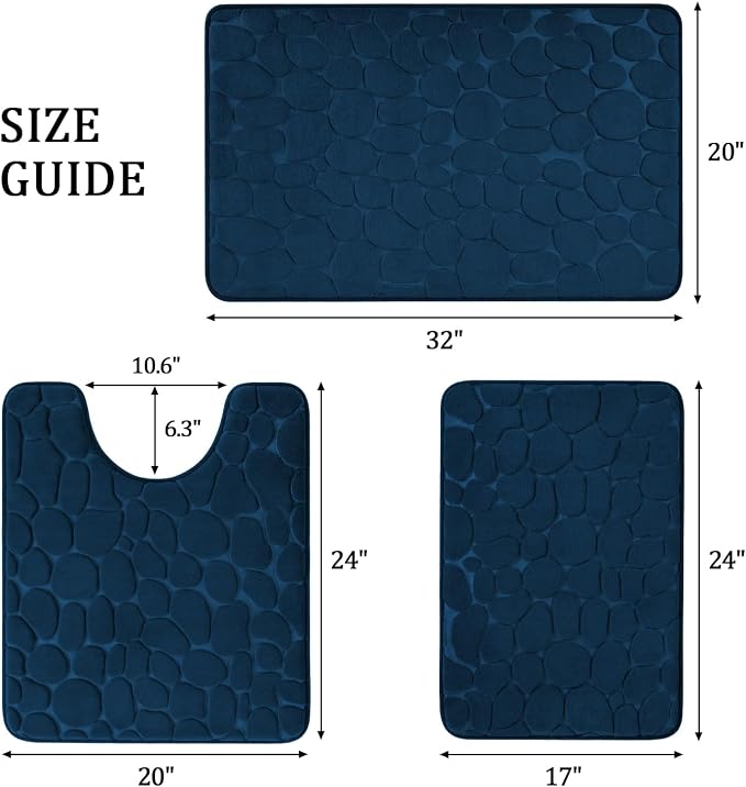 Bathroom Rugs Mat Set, Memory Foam Bath Mat 3 Piece Navy Blue | U Shape+Small Mat, Non Slip, Water Absorbent, Washable, Bath Mat For Bathroom, Sink and Toilet