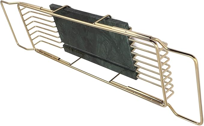 Marhynchus Metal Marble Bathtub Rack, Bathtub Caddy Tray Stainless Steel Shower Caddy Tray with Extending Sides, Bathroom Trays (Gold Green)