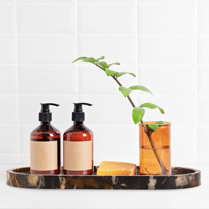 Oval Marble Bathroom Vanity Tray, Black Gold, 12" x 6" x 0.8" | Natural Luxury Marble, Home Kitchen Bathroom Table Tray, Stone Decorative Countertop Tray, For Coffee Perfume Jewelry