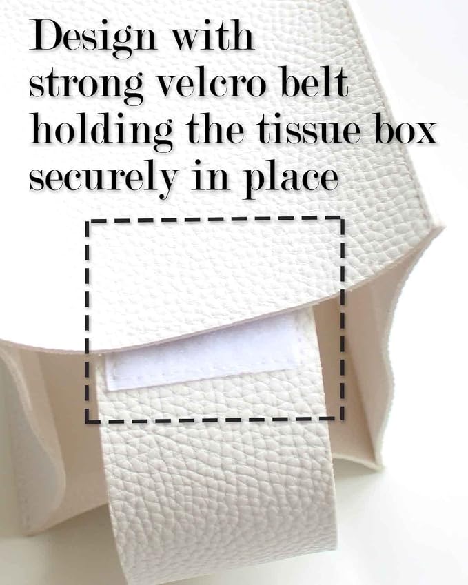 Leather Tissue Box Cover Rectangular – with Bottom Belt [JESMINI, White] Modern PU Leather Long Rectangle Tissue Box Cover Decorative for Bathroom Vanity Countertop/Night Stands/Office Desk