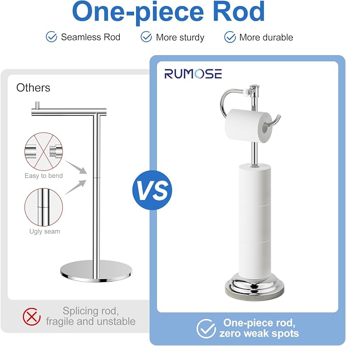 RUMOSE Toilet Paper Holder Stand for Floor Free Standing, Chrome | Bathroom Freestanding Toilet Tissue Roll Holder with Storage, Adjustable 17-25 Inch, Rustproof, SUS304 Stainless Steel