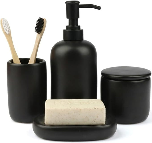 Modern Minimalist Ceramic Bathroom Accessories | Set of 4 | Black | Soap Dispenser + Toothbrush Holder + Soap Dish + Cup, Aesthetic Scandinavian Design, Home Decor, Scratch Resistant, Durable