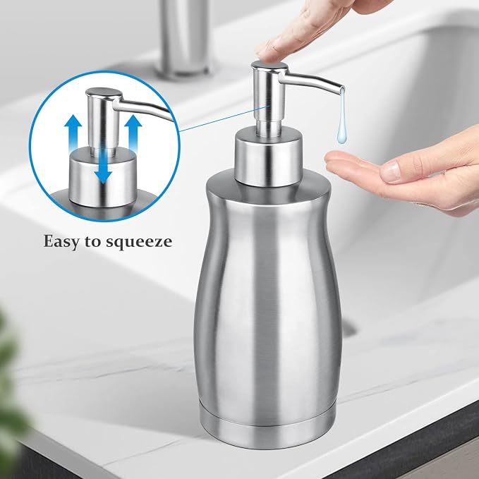 Soap Dispenser Stainless Steel - Brushed Nickel Pump Dispenser Bottle Refillable Liquid Hand Dish Soap Dispenser for Bathroom, Kitchen, Countertop, Silver (13.5 Oz / 400ML)