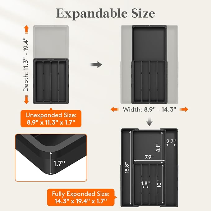 Lifewit Expandable Silverware Drawer Organizer, Utensil Tray for Kitchen | BPA Free Flatware and Cutlery Holder, Adjustable Plastic Storage for Spoons Forks Knives, 8.9-14.3 x 11.3-19.4 x 1.7", Black