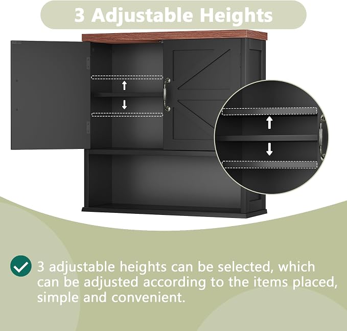 Smuxee Farmhouse Bathroom Cabinet Wall Mounted, Black Medicine Cabinet with Adjustable Shelf, Bathroom Cabinet for Living Room, Laundry Room