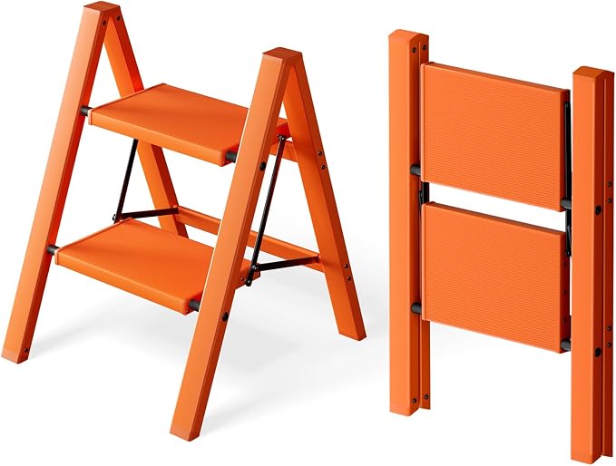 HillhutApex Aluminum Step Stool Foldable,2 Step Ladder (Orange) | Lightweight Portable step ladder with Anti-Slip Wide Pedal,330lbs Capacity Ladder for Household,Office,Kitchen