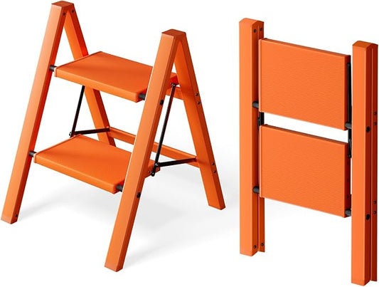 HillhutApex Aluminum Step Stool Foldable,2 Step Ladder (Orange) | Lightweight Portable step ladder with Anti-Slip Wide Pedal,330lbs Capacity Ladder for Household,Office,Kitchen