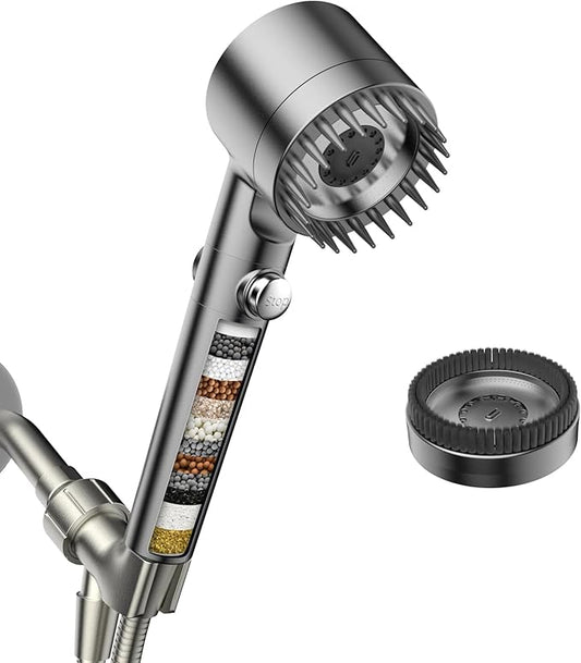 Filtered Shower Head with Handheld,High Pressure Shower Heads with Filters | ON/OFF Switch,4 Spray,Built-in Power Wash,Detachable Showerhead,Silicone Massage Brush,Remove Chlorine,Water Softener