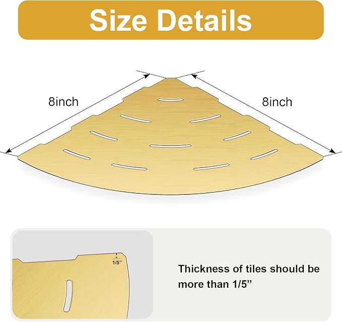 soaez Brushed Gold Corner Shower Shelf, SUS304 Stainless Steel Recessed Bathroom Shower Shelves, No Drilling Grout Mount Shelf for Shower, Bathroom Accessories (8", 2Pack)