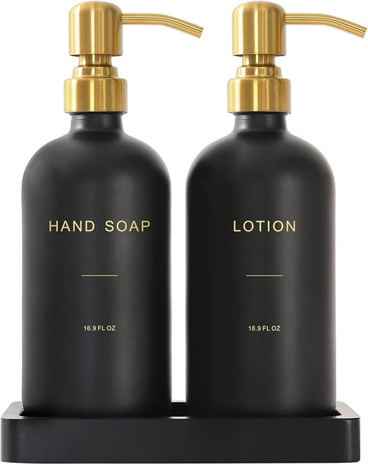 Prus Waso Soap Dispenser Bathroom Set, Gold & Black | Hand and Lotion Dispenser with Stainless Steel Pump, Perfect for Black and Gold Bathroom Decor