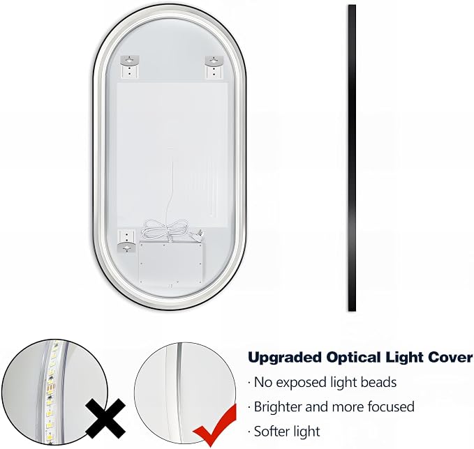 Oval LED Bathroom Mirror, Backlit + Front Lit Mirror Black Frame | 3 Color Dimmable, Anti-Fog, 48"x24", Memory Function, Shatter-Proof, HD Glass, Pill-Shaped Mirror, Vertical or Horizontal