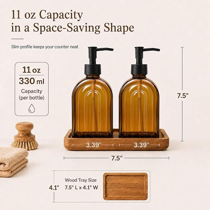 2 Pack Arch Glass Kitchen Soap Dispenser with Acacia Wood Tray, 11oz Amber Rainbow Decorative Hand Soap Dispenser with Rustproof Pump, Refillable Liquid Dispenser for Kitchen, Bathroom, Countertop