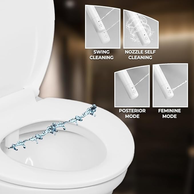 Rear & Feminine Right Handed Ultra Thin Bidet Attachment for Toilet with Self Cleaning Dual Nozzles - No Wiring Needed - Easy DIY Install - Includes Hybrid Brass 3-way T with ON/OFF & Travel Bidet
