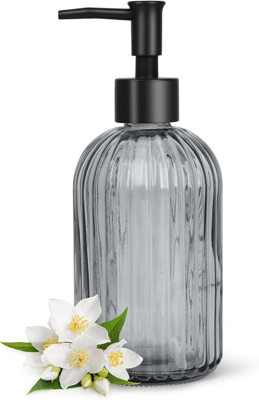 Topsky Glass Soap Dispenser with Plastic Pump, 400ml Liquid Hand Soap Dispenser, Rustproof Pump for Kitchen & Bathroom, Great for Lotions, Essential Oil, Liquid Soaps,Gray