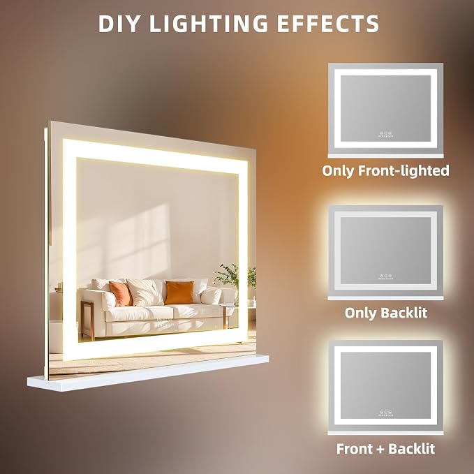 FENCHILIN Vanity Mirror with Lights, 22" x 19" Backlit + Front Lit Hollywood Makeup Mirror LED Strip with 3 Colors Modes Smart Touch for Dressing Room & Bedroom White