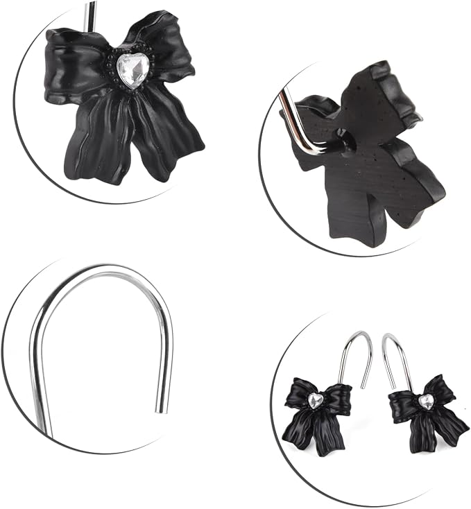 12PCS Shower Curtain Hooks Rings,Black Bow Decorative Shower Curtain Hooks | Modern Home Decorativ Rust Resistant Hangers Shower Hooks for Bathroom Shower Rod,Bedroom,Living Room