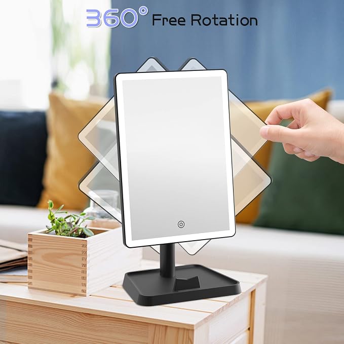 FUNTOUCH 4500mAh Large Makeup Vanity Mirror with Lights & 96 LED,Black | Rechargeable Lighted Makeup Mirror with 10x Magnifying Mirror,3 Color Lighting 360°Rotation Touch Dimmable with Phone Holder